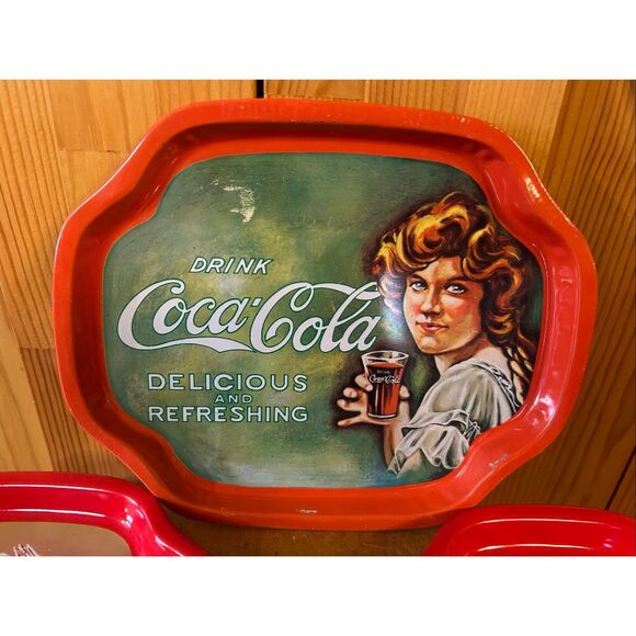 Vintage Graphic Design Coca Cola Trays Lot Of 4 Made In Hong Kong 6” x 7.5” Red - Picture 5 of 14